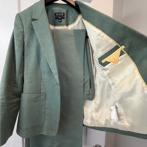 J. Crew Women’s Sage Linen Blazer (6) and matching linen trousers (8).
